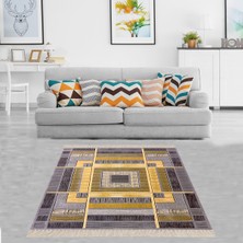 Bona Fortuna Geometrik Kare Blok Desenli Dijital Baskı Yıkanabilir Kaymaz Taban Modern Salon Halısı ve Yolluk