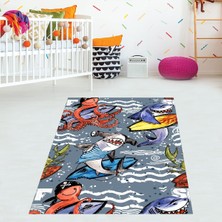 Bona Fortuna Çekiç Balığı Ahtapot Desenli Dijital Baskı Yıkanabilir Kaymaz Taban Leke Tutmaz Çocuk Odası Halısı