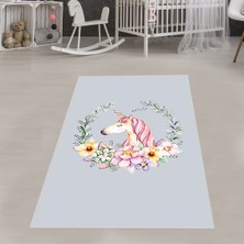 Bona Fortuna Unicorn Desenli Çiçekli Yapraklı Dijital Baskı Yıkanabilir Kaymaz Taban Çocuk ve Bebek Odası Halısı