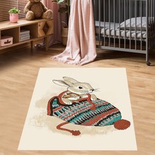 Bona Fortuna Tavşan Sincap Şapka Desenli Halı Dijital Baskı Yıkanabilir Kaymaz Taban Kız Çocuk Odası Halısı