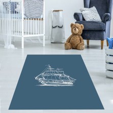 Bona Fortuna Gemici Yelkenli Desenli Dijital Baskı Yıkanabilir Kaymaz Taban Mavi Çocuk ve Bebek Odası Halısı