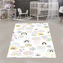 Bona Fortuna Gökkuşağı Yıldız Bulut Desenli Dijital Baskı Yıkanabilir Kaymaz Taban Leke Tutmaz Çocuk Odası Halısı