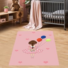 Bona Fortuna Renkli Balonlu Kız Kalp Desenli Dijital Baskı Yıkanabilir Kaymaz Taban Genç Kız Çocuk Odası Halısı