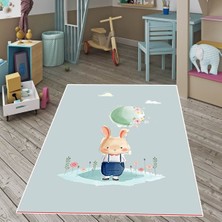 Bona Fortuna Sevimli Tavşan Dünya Çiçek Desenli Dijital Baskılı Kaymaz Taban Çocuk ve Bebek Odası Halısı