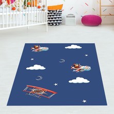 Bona Fortuna Uçak Teyyare Bulut Desenli Halı Dijital Baskı Yıkanabilir Kaymaz Taban Erkek Çocuk Odası Halısı