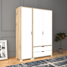 Midoser Mat Beyaz - Keçe (Açık Ceviz) 3 Kapılı 2 Çekmeceli Elbise Dolabı - Gardırop
