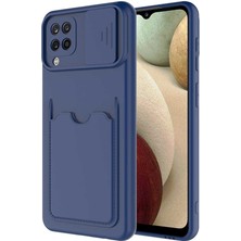 Case 4U Galaxy A22 / M22 / M32 Uyumlu Kılıf Cüzdan Slayt Sürgülü Kamera Korumalı Kartlıklı Kart Bölmeli Silikon Lacivert