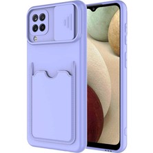 Case 4U Galaxy A22 / M22 / M32 Uyumlu Kılıf Cüzdan Slayt Sürgülü Kamera Korumalı Kartlıklı Kart Bölmeli Silikon Lila