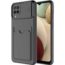 Case 4U Galaxy A22 / M22 / M32 Uyumlu Kılıf Cüzdan Slayt Sürgülü Kamera Korumalı Kartlıklı Kart Bölmeli Silikon Siyah