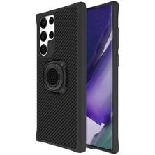 Case 4U Samsung Galaxy S22 Ultra Uyumlu Kılıf Yüzüklü Mıknatıslı Stand Olabilen Karbon Fiber Timo Kapak Siyah