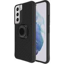 Case 4U Samsung Galaxy S22 Uyumlu Kılıf Yüzüklü Mıknatıslı Stand Olabilen Karbon Fiber Timo Kapak Siyah
