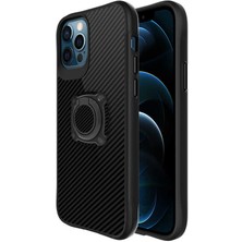 Case 4U Apple iPhone 12 Pro Max Kılıf Yüzüklü Mıknatıslı Stand Olabilen Karbon Fiber Timo Kapak Siyah