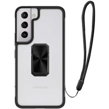 Case 4U Samsung Galaxy S22 Uyumlu Kılıf Yüzüklü Mıknatıslı Stand Olabilen İpli V-Bax Kapak Siyah