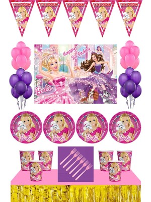 Parti Furyası Barbie Doğum Günü 16 Kişilik 50X70 cm Afişli Barbie Parti Malzemeleri Seti  Masa Etekli