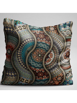 Cango Home Mavi Çok Renkli Retro Vintage Desenli Dijital Baskılı Çift Taraflı Kırlent Kılıfı - Otyk285-Ct