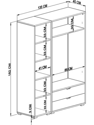 Midoser Mat Beyaz - Keçe (Açık Ceviz) 3 Kapılı 2 Çekmeceli Elbise Dolabı - Gardırop