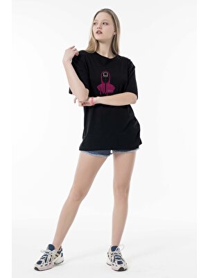 Phinzy Squid Game Kare Maskeli Adam Göğüs Baskılı Kadın Siyah Oversize Bol Kesim T-Shirt