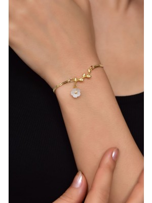 Papatya Silver 925 Ayar Gümüş Gold Kaplama Zirkon Taşlı Sedef Manolya Çiçeği Bileklik