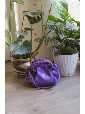 Moom Bag Kadın Mor Örme Saplı Yumuşak Deri Omuz Çantası