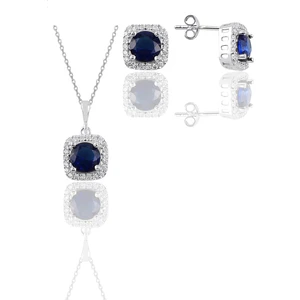 Söğütlü Silver Gümüş Beyaz Altın Rodyumlu Safir Taşlı Kare Ikili Set