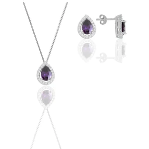 Söğütlü Silver Gümüş Beyaz Altın Rodyumlu Ametis Taşlı Damla Modeli Ikili Set