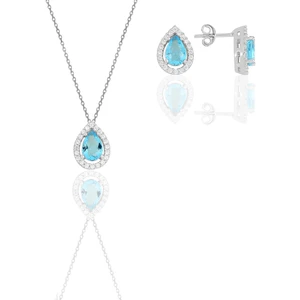 Söğütlü Silver Gümüş Beyaz Altın Rodyumlu Akuamarin Taşlı Damla Modeli Ikili Set
