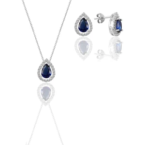 Söğütlü Silver Gümüş Beyaz Altın Rodyumlu Safir Taşlı Damla Modeli Ikili Set