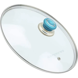 Tencere Sahan Tava Cam Kapağı Buhar Delikli Kapak 22 cm ve Turkuaz Tutma Tepesi