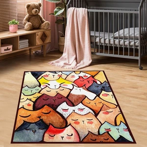 Bona Fortuna Kedili Halı Kedi Desenli Renkli Dijital Baskı Yıkanabilir Kaymaz Taban Bebek ve Çocuk Odası Halısı