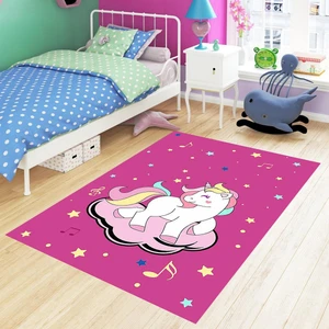 Bona Fortuna Bulut Üstünde Unicorn Desenli Dijital Baskılı Kaymaz Taban Çocuk Odası Halısı