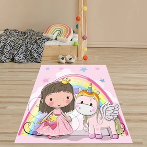 Bona Fortuna Sevimli Unicorn ve Prenses Desenli Dijital Baskı Yıkanabilir Kaydırmaz Leke Tutmaz Çocuk Odası Halı