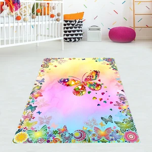 Bona Fortuna Renkli Kelebek Çiçek Desenli Dijital Baskı Yıkanabilir Kaymaz Taban Leke Tutmaz Çocuk Odası Halısı