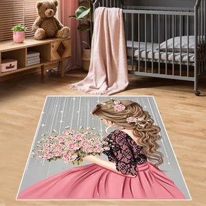 Bona Fortuna Prenses Kız Desenli Çiçekli Halı Dijital Baskı Yıkanabilir Kaymaz Taban Kız Çocuk Odası Halısı
