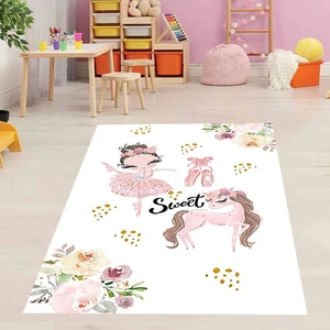 Bona Fortuna Balerin Prenses Unicorn Desenli Dijital Baskı Yıkanabilir Kaymaz Taban Genç Kız Çocuk Odası Halısı