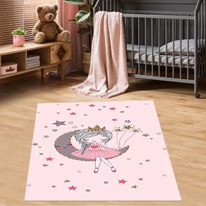 Bona Fortuna Ayda Oturan Kız Desenli Yıldızlı Halı Dijital Baskı Yıkanabilir Kaymaz Taban Kız Çocuk Odası Halısı