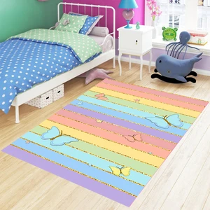 Bona Fortuna Kelebek Desen Gold Şeritli Renkli Dijital Baskı Yıkanabilir Kaymaz Taban Genç Kız Çocuk Odası Halısı