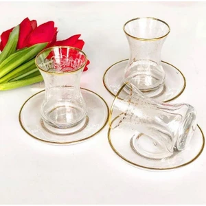 El Dekoru Işlemeli 6 Kişilik 12 Parça Çay Cam Bardağı Seti, Çeyizlik Set, Hediyelik Set