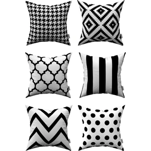 Cango Home Siyah Beyaz Modern Geometrik Desenli 6'Lı Dijital Baskılı Kırlent Kılıfı Seti- 6kmbs246