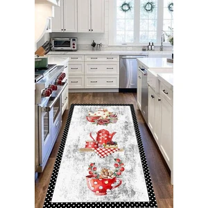 Decomia Home Dijital Baskılı Kaymaz, Yıkanabilir Mutfak Gereçli Beyaz Benekli Beyaz Mutfak HALISI-D5029