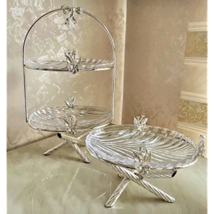 Kardelen Kristal 2 Katlı Sunumluk,tek Katlı Sunumluk gümüş rengi
