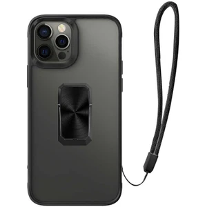Case 4U Apple iPhone 12 Pro Kılıf Yüzüklü Mıknatıslı Stand Olabilen İpli V-Bax Kapak Siyah