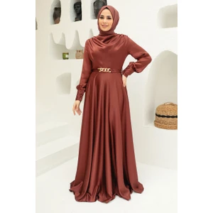 Neva Style Tesettürlü Abiye Elbise - Saten Kahverengi Tesettür Abiye Elbise 3460KH