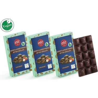 Elit Çikolata Fındıklı, Şeker İlavesiz, Vegan ve Prebiyotik Bitter Çikolata 60g 3'lü Set (3x60g)