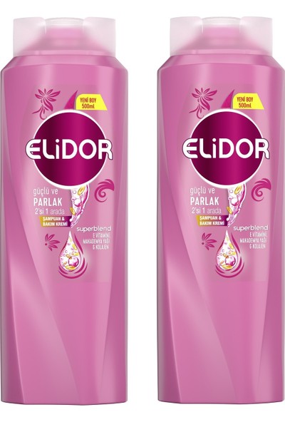 Elidor Superblend 2'si 1 Arada Şampuan ve Saç Bakım Kremi Güçlü ve Parlak E Vitamini Makademya Yağı Kolajen 500 ml x 2 Adet