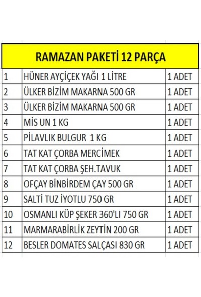 Erzak Paketi Ramazan Paketi Erzak Yardım Kolisi Paketi 12 Parça