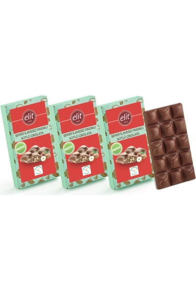 Elit Çikolata Fındıklı Şeker İlavesiz Prebiyotik Sütlü Çikolata 60 gr 3'lü