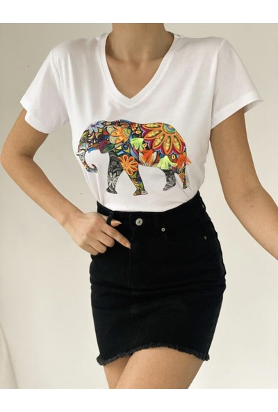 Aclassics Kadın Beyaz V Yaka Fil Figürlü Payet Işlemeli Yarım Kollu Pamuk T-Shirt