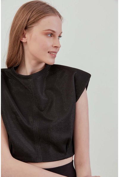 1moda1tarz Kadın Siyah Yuvarlak Yaka Özel Sim Kumaş Vatka Detay Tasarım Crop Bluz