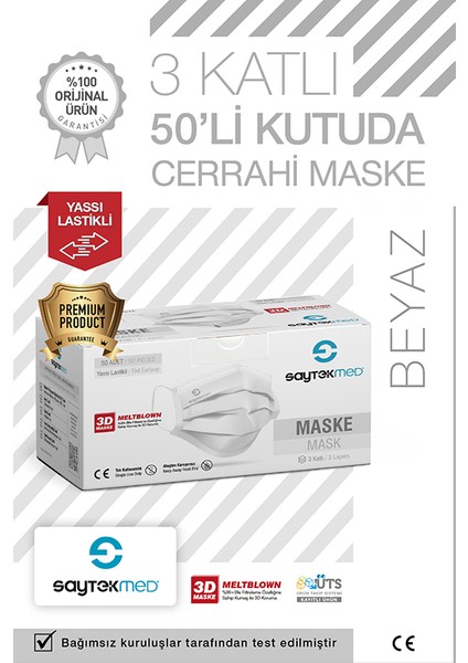 Saytekmed, Meltblown Filtreli, Yassı Ipli 3 Katlı Beyaz Cerrahi Maske (50 Adet/1 Kutu)