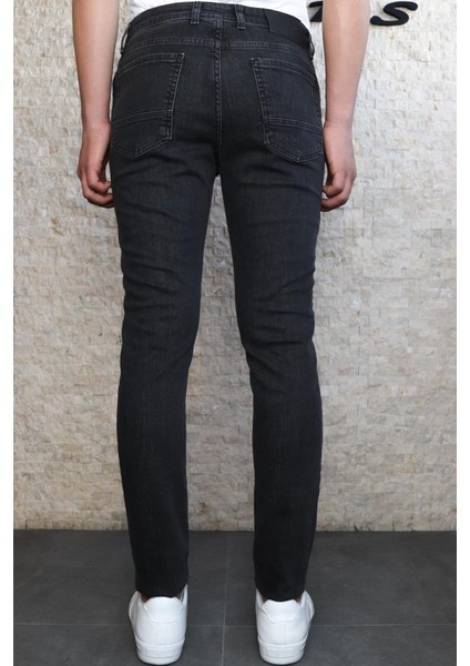 Erkek Siyah Taşlamalı Slim Fit Jean Pantolon HLTHE1947